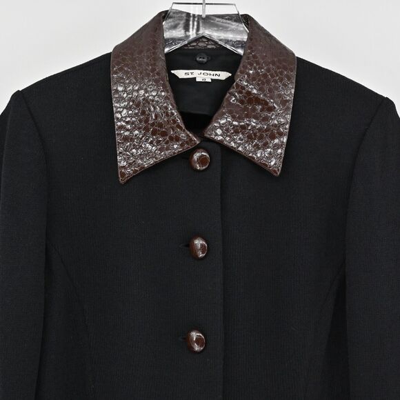 ST JOHN Jacket Womens Sz 10 Santana Knit Removable Collar Button Front Croc Trim - Picture 3 of 12